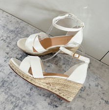 Womens White Espadrille Wedge Sandals Cross Strap Ankle Buckle Heels Holiday 3-8