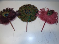 Vintage Ostrich PEACOCK Feather Hand Fan Lot of 3