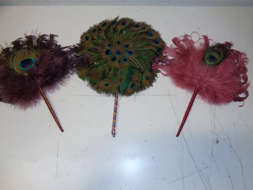 Vintage Ostrich PEACOCK Feather Hand Fan Lot of 3