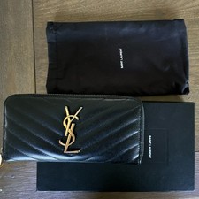 Saint Laurent Black Quilted Zip-Around Wallet YSL Logo Zipper Credit Card