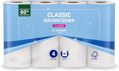 By Amazon Küchenrolle, 3-Lagig, 4 Rollen (4 Rollen, 1-Er Pack), 64 Blätter Pro R