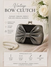 Black Satin Silver Bow Evening Clutch Detachable Chain Kiss Lock