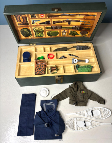 1964 Hasbro G.I. Joe Wooden Footlocker with accessories Weapons Uniforms +More
