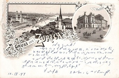 868801) Postcard Switzerland, greeting from Zurich (multi-picture card), 1897 sent to Danzig