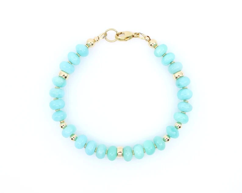 Brazalete artesanal grande de piedras preciosas rondelle amazonita verde azul de 8 mm en relleno de oro Foto 2 de 4