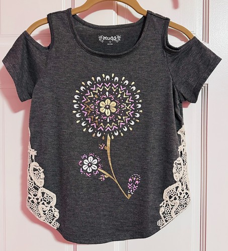 Mudd Girl's Cold Shoulder Top - Grey w Flower Design & Crochet Details - Size 12