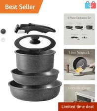5-Piece Stackable Nonstick Cookware Set - Granite Finish with Detachable Handle