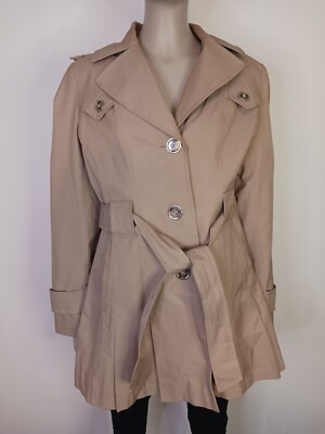 Via Spiga Womens Petite Hooded Rain Coat Jacket Pleated khaki
