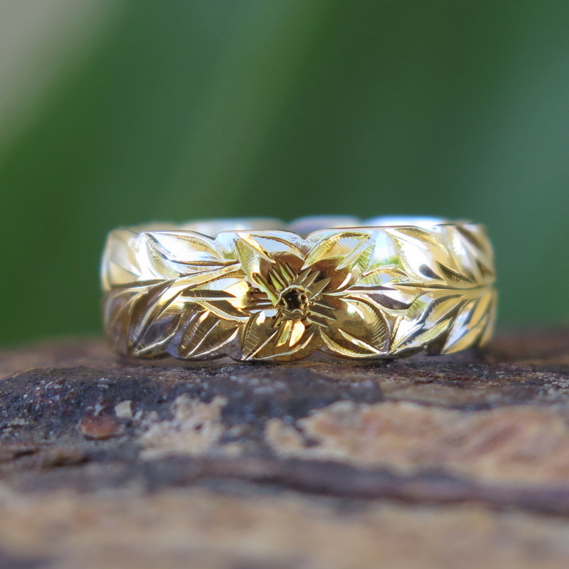 Hawaiian Jewelry Silver Gold Plated Maile Leaves Wedding Ring Band 6mm  SR1315