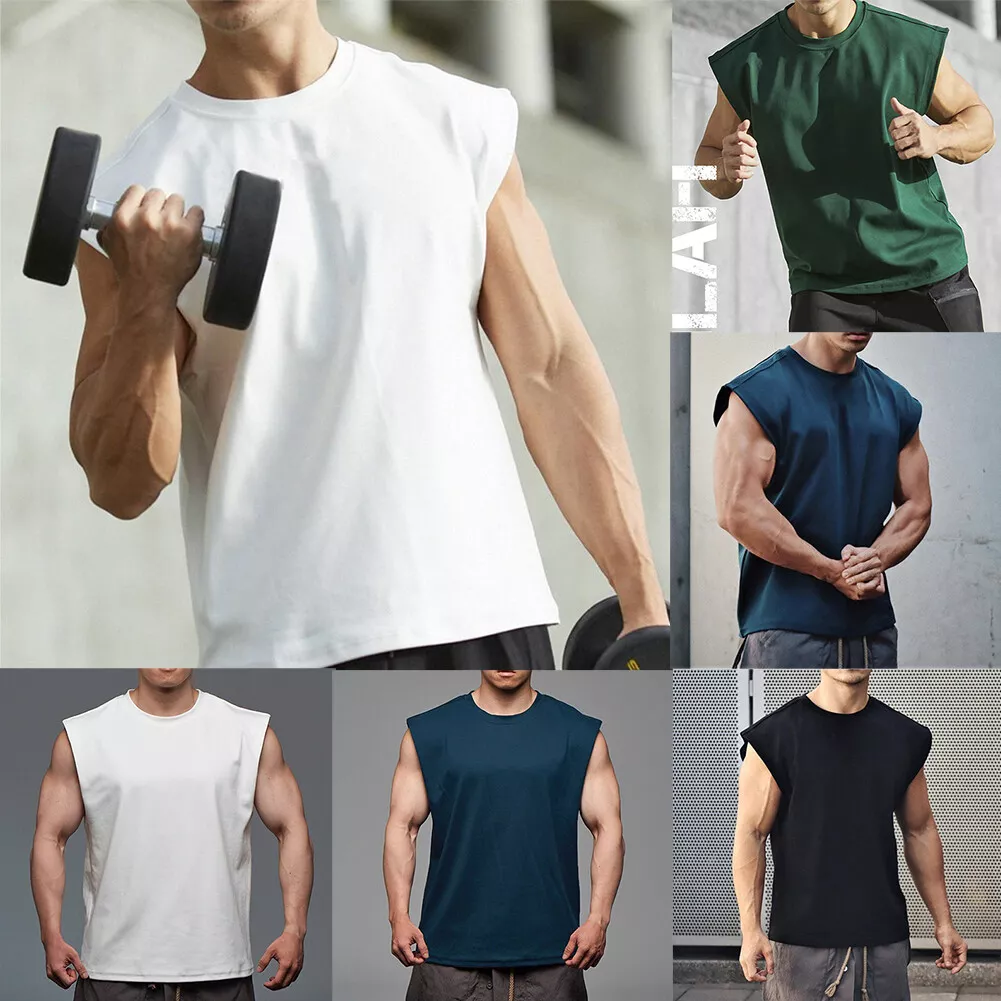 Men Tank Top Broad Shoulder Vest Casual Loose Gym Sleeveless T Shirt Crew  Neck^^