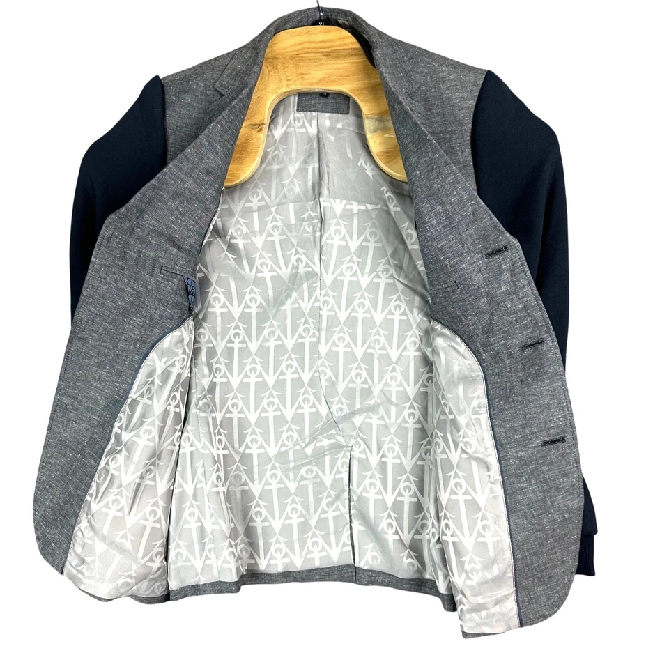 House Of Howe Blazer Jacket Men 38 Navy Gray Linen Embroidered Long Sleeve - Image 3 of 4
