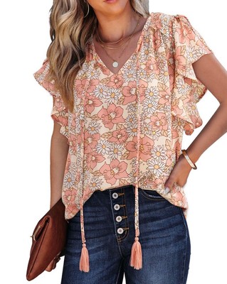 Smocked Top for Women Trendy Casual Boho V Neck Ruffle Short Sleeve Small