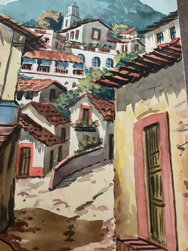 Acuarela Colonial Española Original Díaz Vintage México Estate Set Foto 2 de 4