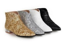 Women Low Heel Rhinestones Pointy Toe BlingBling Ankle Boot Shoes Pull on Casual