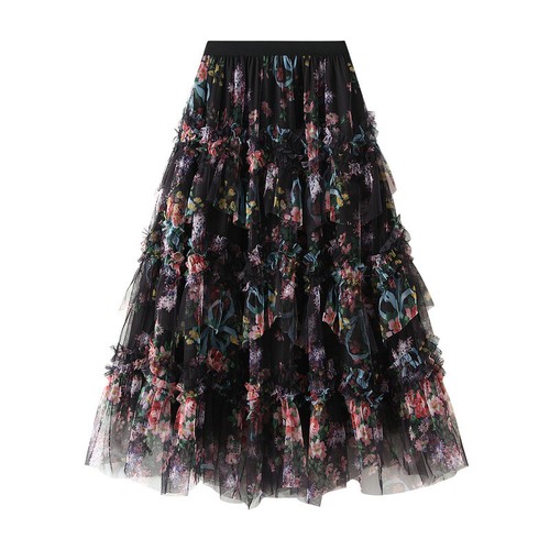 Elegant Printed Tulle Long Skirt Irregular Elastic Waist Floral Pleated Skirt - Picture 15 of 19