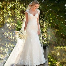 Lace Appliques Mermaid Wedding Dresses Backless Cap Sleeve Trumpet Bride 
