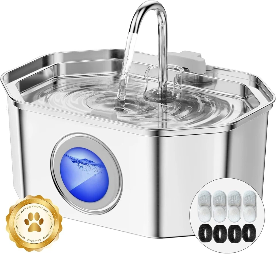 Fontaine a Eau Chat LED INOX 3.2L silencieuse avec filtres - facile à nettoyer