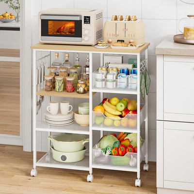 Rolling Kitchen Carts with Storage - Microwave Table Stand with 6 Hooks & 3 Bask