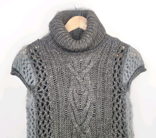 Stefanel Wool Blend Cap Sleeve Turtleneck Chunky Knit Crochet Grey Sweater M - Picture 2 of 7