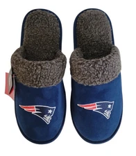 New England Patriots NFL Men's Navy Blue Slip-on Faux Fur Scuff Slippers: S-XL