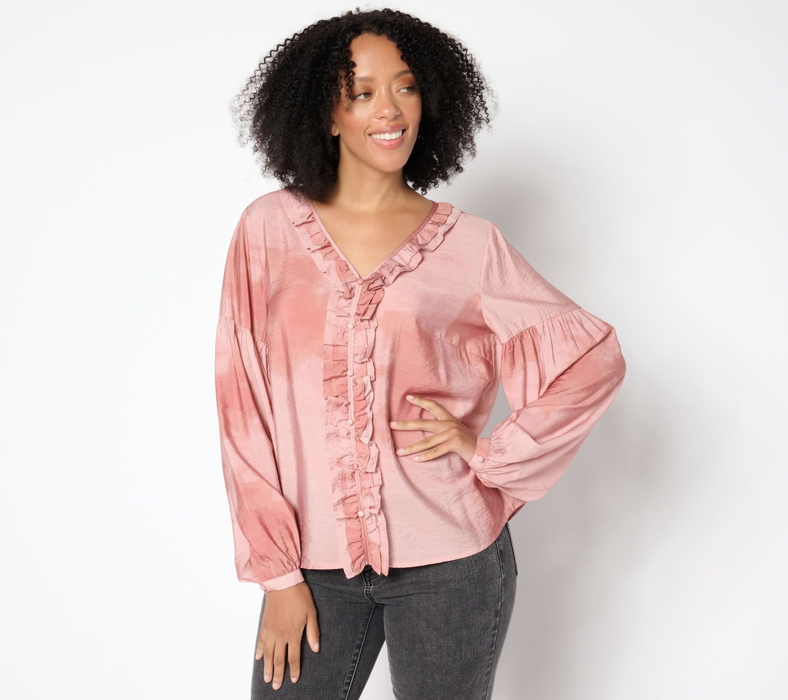 Me by Jennie Garth Women's Top Sz XL Bodie Printed Blouse Ruffle Pink A655958