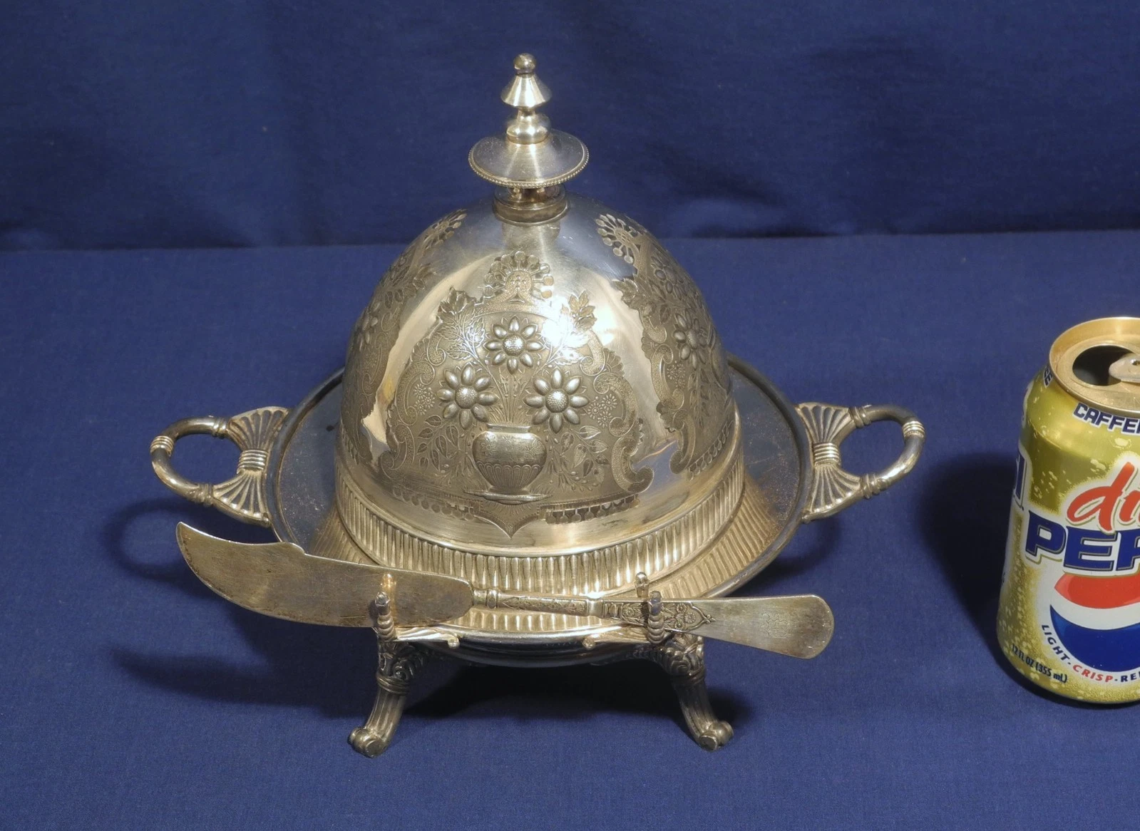 Antique Silverplate Butter or Cheese Dish Bird Motif Glass Insert Aesthetic Era