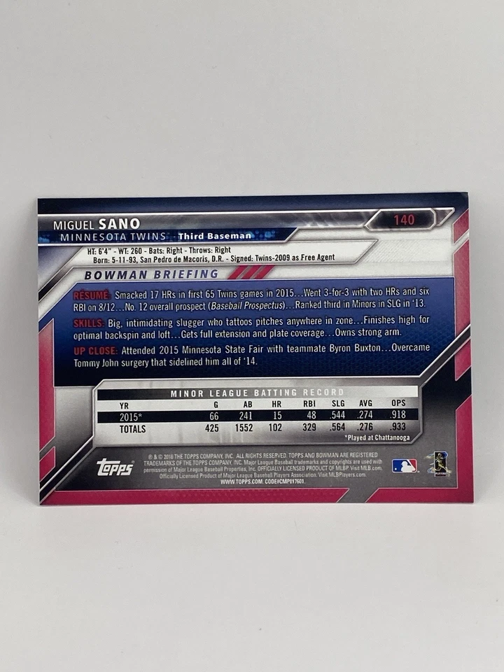 2016 Bowman #140 Miguel Sano RC – Minnesota Twins Rookie Card - Image 2 of 2