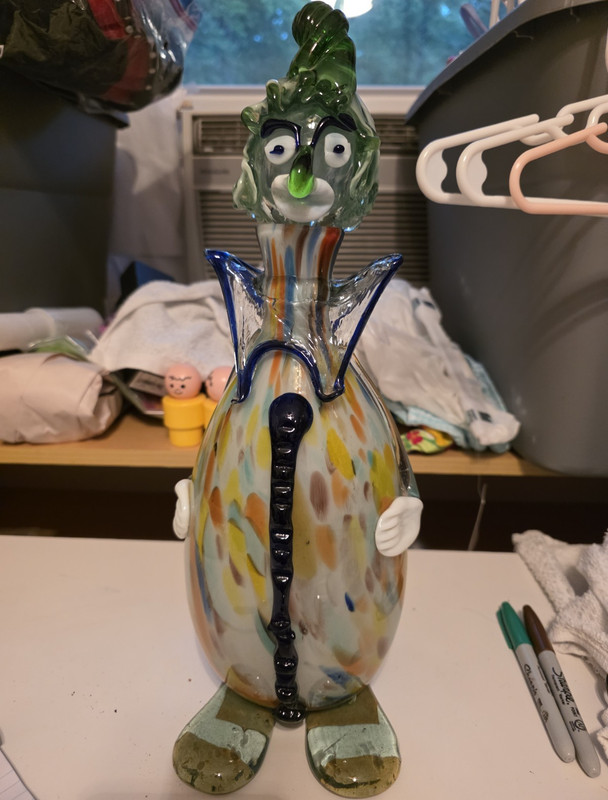 Art Glass Clown Decanter Multicolor Green Hat Italian Glossy Glass Decor Murano