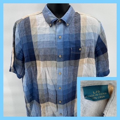 Tommy Bahama Relax Island Modern Fit Mens Linen Plaid Short Sleeve Button Up  L