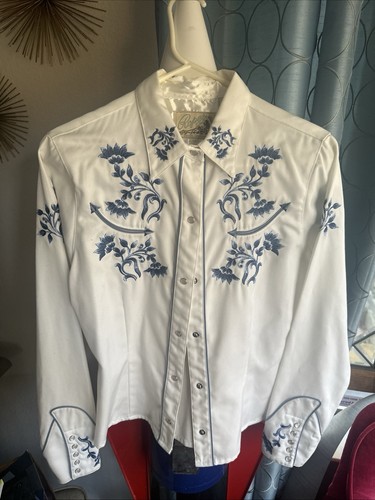 Vintage Roper Damen Western Hemd Pearl Snap Medium weiß blau bestickt - Bild 2 von 2
