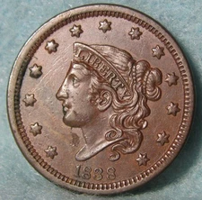 1838 Coronet Head Large Cent Sharp AU Details Old US Coin #516