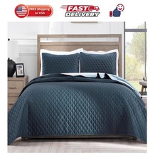 Reversible King Size Quilt Bedding Set, Navy Blue  Lightweight Bedspreads wi...