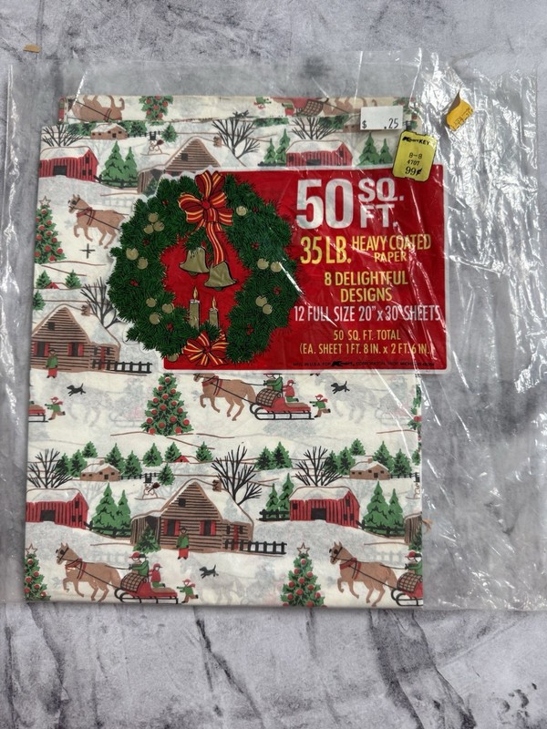 Christmas Wrapping Paper Flat Sheets From  Kmart Winter Scene Horse Carriage VTG