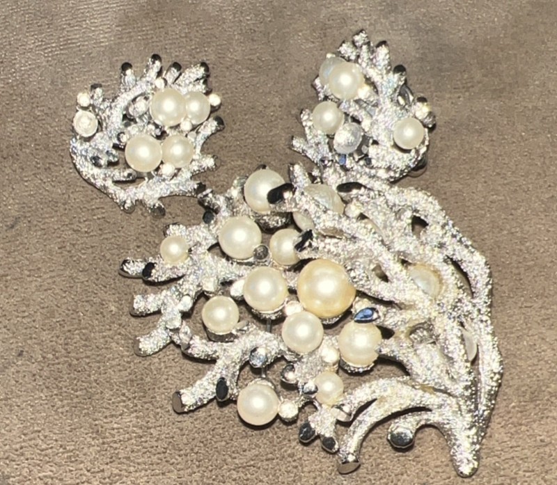 Trifari Signed Faux Pearl Rhinestone Floral Brooch & Earrings Set