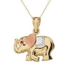 Solid Three Tone Gold Elephant CZ Pendant Necklace