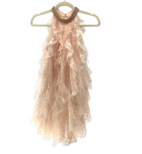 Mac Duggal Size 2 Peach Lace Tulle Ruffle Mini Dress Jeweled Halter Neck NWT