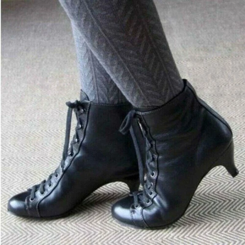 Botines de tacón bajo de gatito victoriano retro con cordones para mujeres damas zapatos formales - Imagen 7 de 12