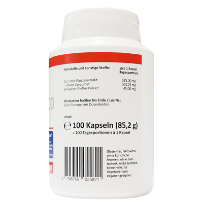 Kurkuma 95% Extrakt 100 Curcumin Kapseln entspricht 20.000mg Curcuma Pulver