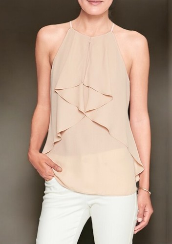 BANANA REPUBLIC Top Tank Beige Spaghetti Straps Ruffles Chiffon SMALL - Picture 5 of 6