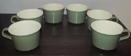 Vintage Unmarked Olive Green Outside Cream Inside Set of 6 Coffee Cups Mugs 