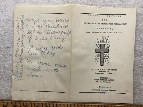 1981 Trauergottesdienstprogramm Mose Riley Louise Mt. Zion Kirche Evergreen AL Vintage