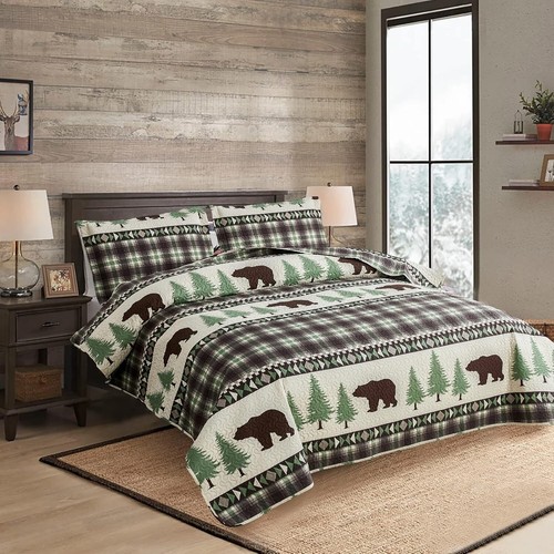 Lightweight Beige Brown Plaid Quilts Set with Bear Prints for Cheerful Bedrooms - Imagen 5 de 9