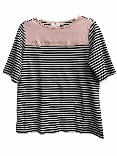 Quacker Factory M Black White Striped Studded Pink Cruisewear Coastal Grandma