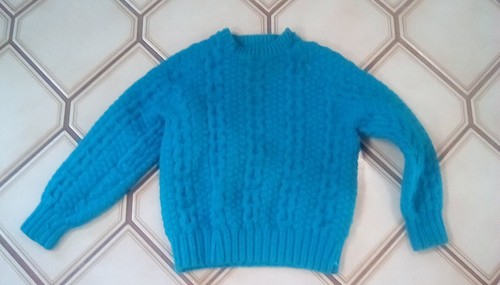 Hand Knit Bright Teal Chunky Cable Knit Children's Sweater Boy or Girl Vintage - Picture 6 of 12