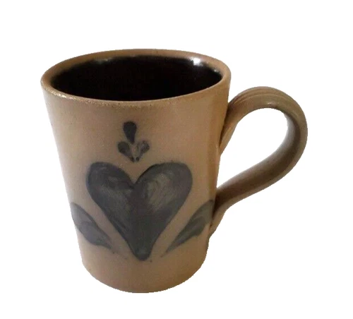 1990 Rowe Pottery Cambridge WI/Heart Mug/Salt Glazed Hand Painted Stoneware