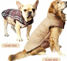 Dog Pet Reversible Jacket Vest Coat Brown Plaid, Solid Beige British Style Small