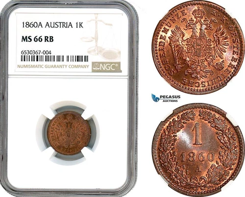 AI205, Austria, Franz Joseph, 1 Kreuzer 1860 A, Vienna Mint, NGC MS66RB, Top Pop