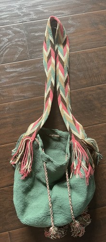 Large Columbian Bucket Pom Pom Boho Crossbody Bag. Made By Women.