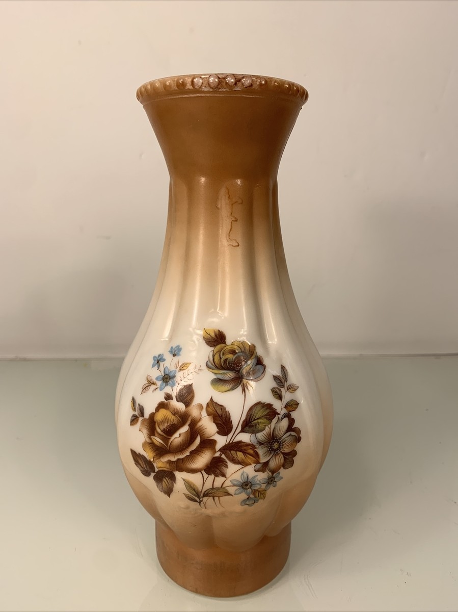 Milk Glass Beaded Vintage Tall Chimney Style Brown Floral