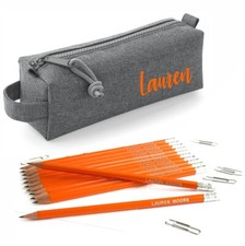 Personalised Marl Grey Pencil Case with12 printed Pencils with Erasers - Orange